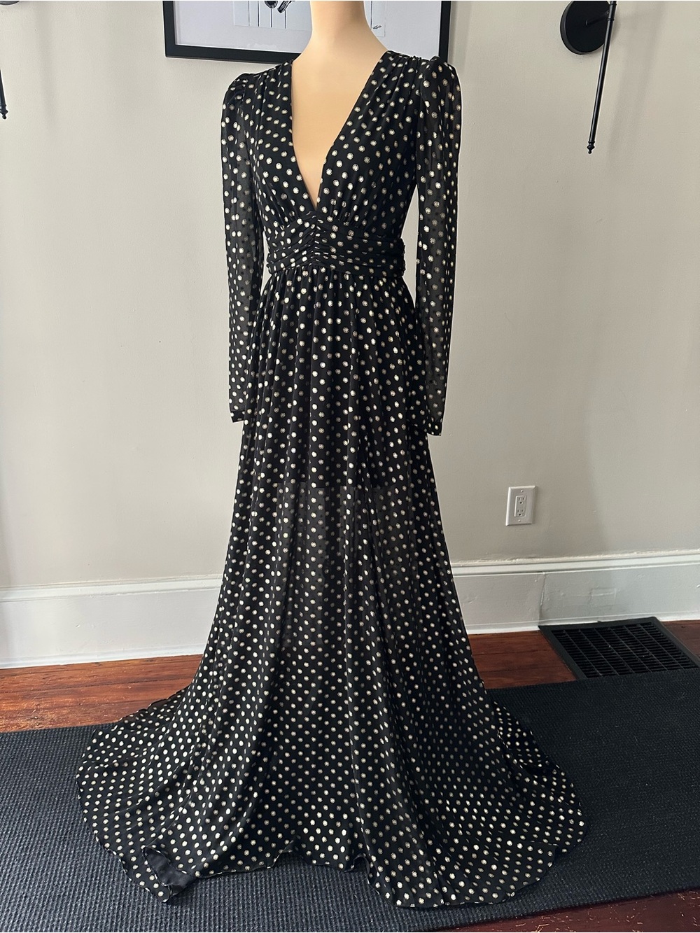 Black Gold Polka Dot Maxi Dress Sheer Sleeves Deep V-Neck XS